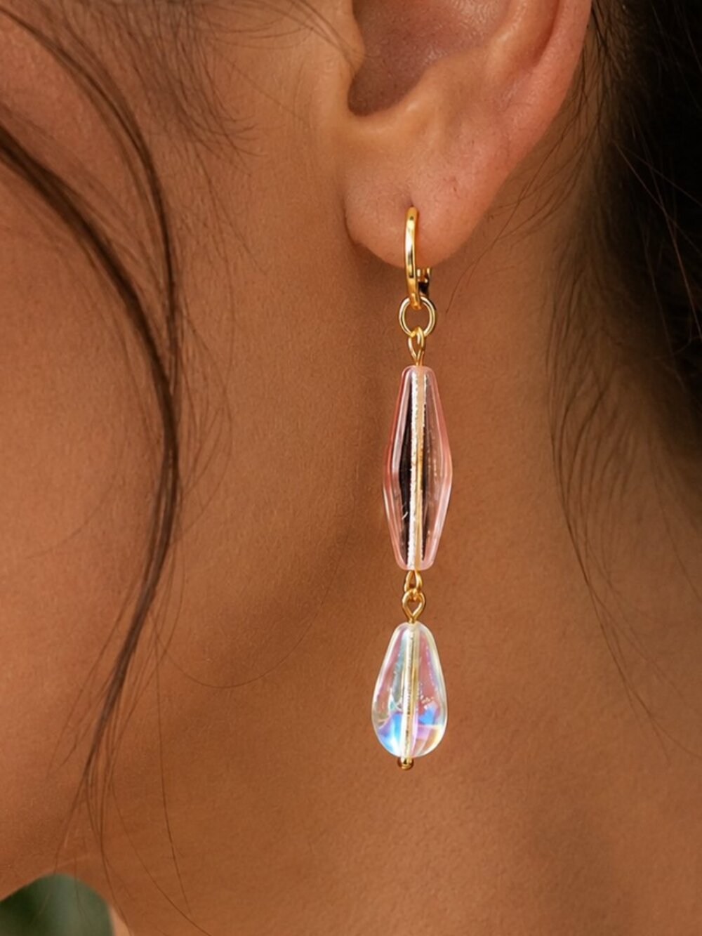 Long Pink Glass Earrings, Iridescent Teardrops, 24k Gold Stainless Leverbacks